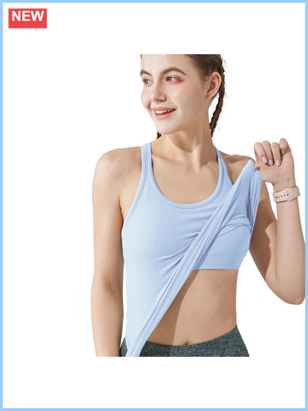 Seamless Ribbed Racerback Tank Top with Built in Bra Padded Workout - Picture 5 of 6